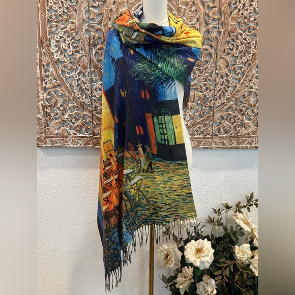Van Gogh "Café Terrace at Night" Art Print Shaw or Scarf Warm Viscose- 72”x28.5” - Picture 3 of 13